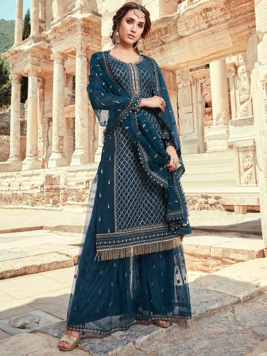 Navy Blue Heavy Faux Georgette Embroidered Festival Mehendi Palazzo Pant Salwar Kameez