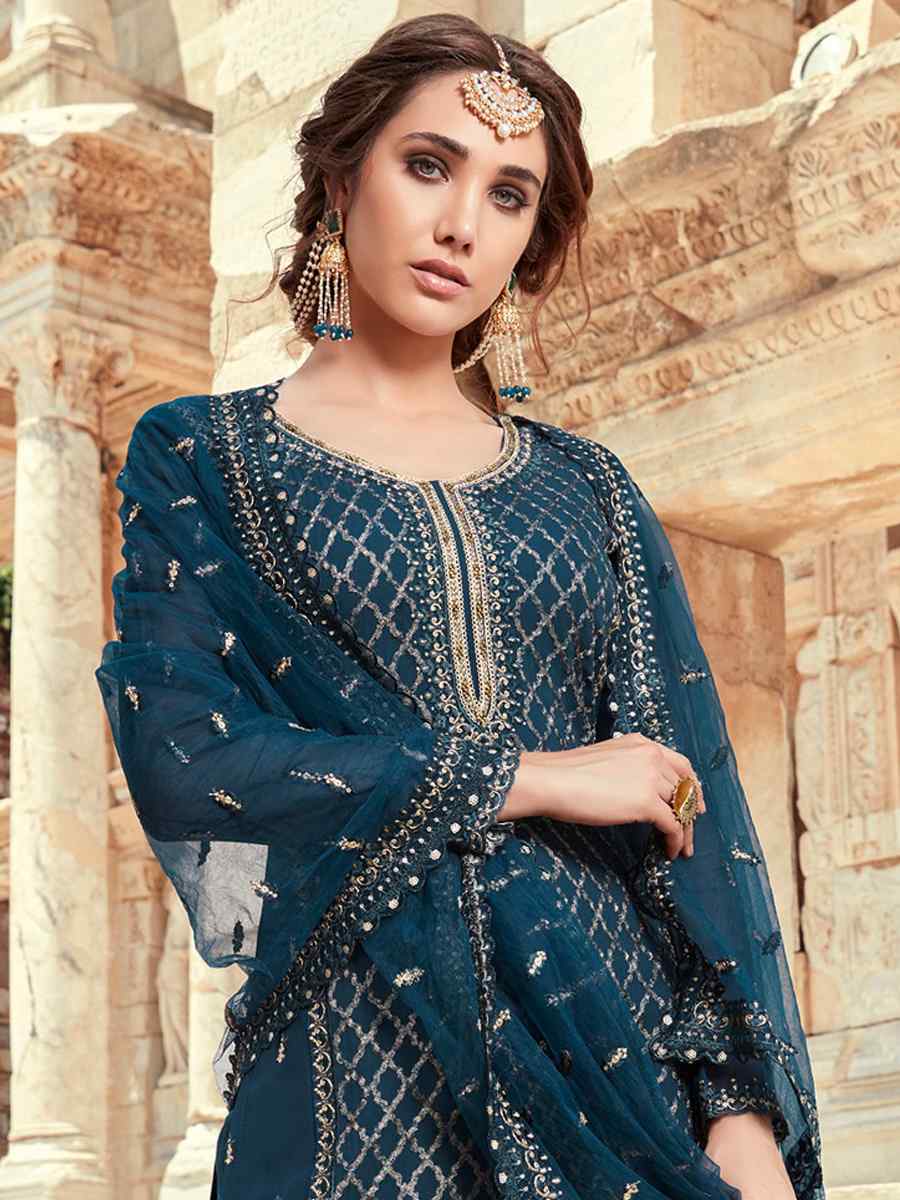 Navy Blue Heavy Faux Georgette Embroidered Festival Mehendi Palazzo Pant Salwar Kameez