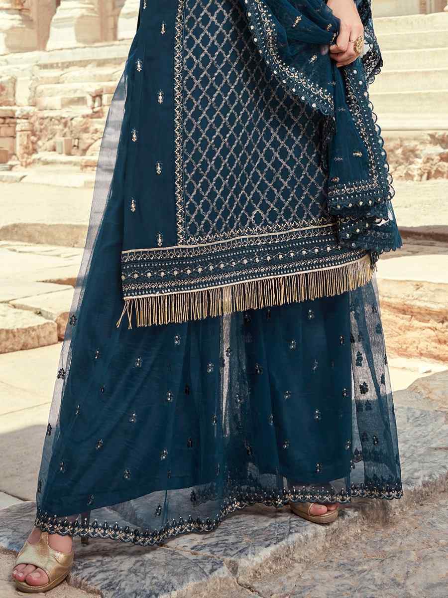 Navy Blue Heavy Faux Georgette Embroidered Festival Mehendi Palazzo Pant Salwar Kameez