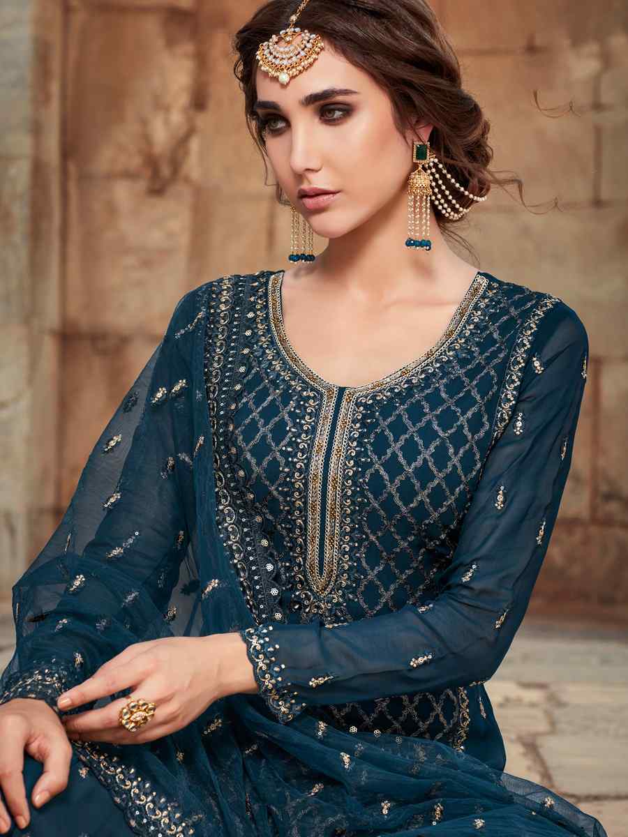 Navy Blue Heavy Faux Georgette Embroidered Festival Mehendi Palazzo Pant Salwar Kameez