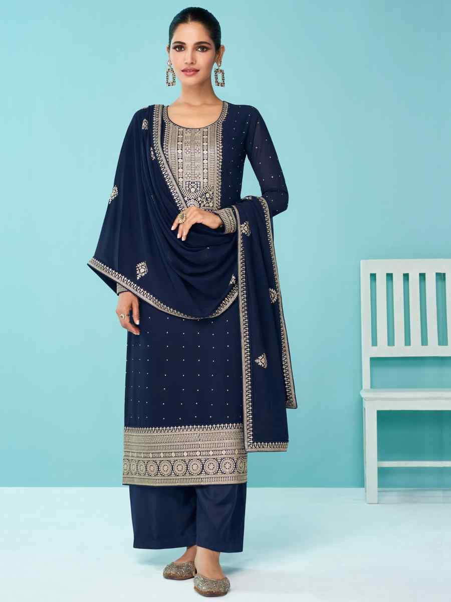 Navy Blue Heavy Faux Georgette Embroidered Festival Wedding Palazzo Pant Salwar Kameez