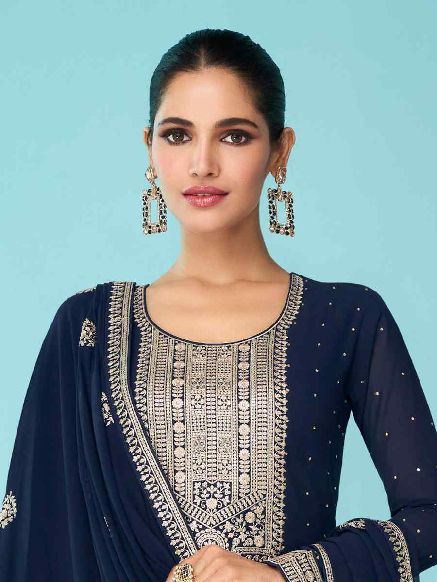 Navy Blue Heavy Faux Georgette Embroidered Festival Wedding Palazzo Pant Salwar Kameez