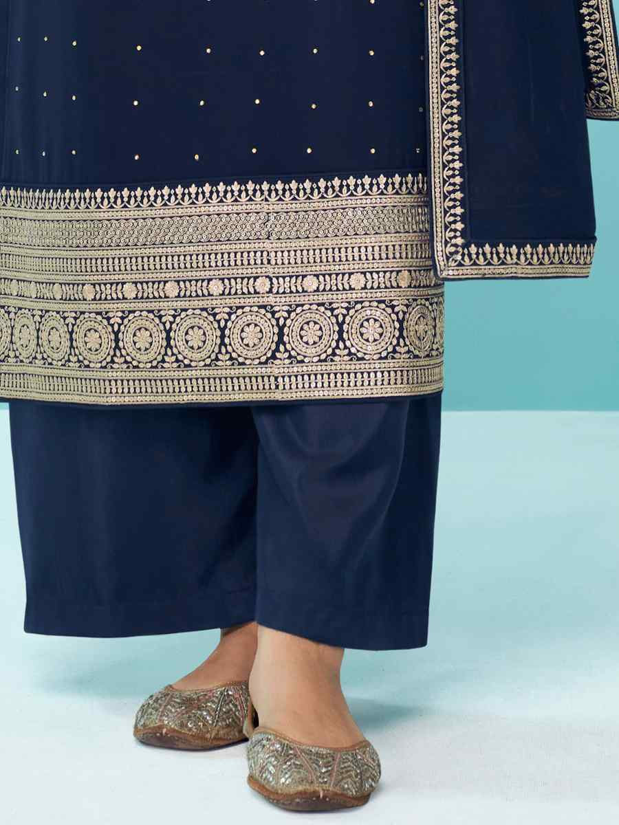 Navy Blue Heavy Faux Georgette Embroidered Festival Wedding Palazzo Pant Salwar Kameez