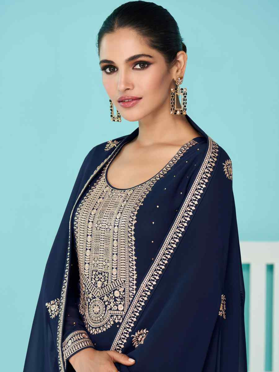 Navy Blue Heavy Faux Georgette Embroidered Festival Wedding Palazzo Pant Salwar Kameez