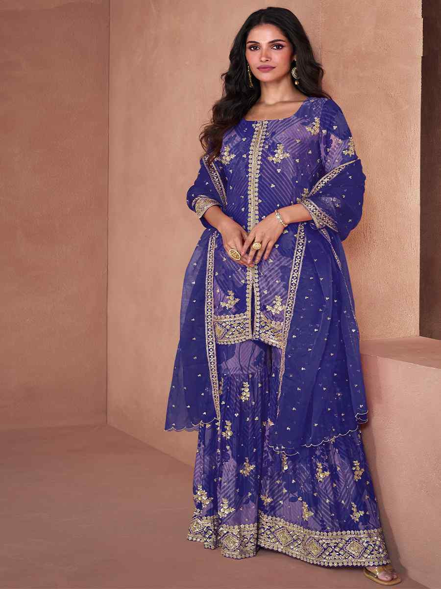 Navy Blue Heavy Faux Georgette Embroidered Festival Wedding Ready Sharara Pant Salwar Kameez