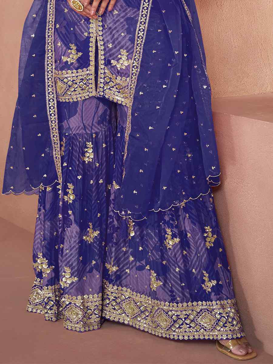 Navy Blue Heavy Faux Georgette Embroidered Festival Wedding Ready Sharara Pant Salwar Kameez