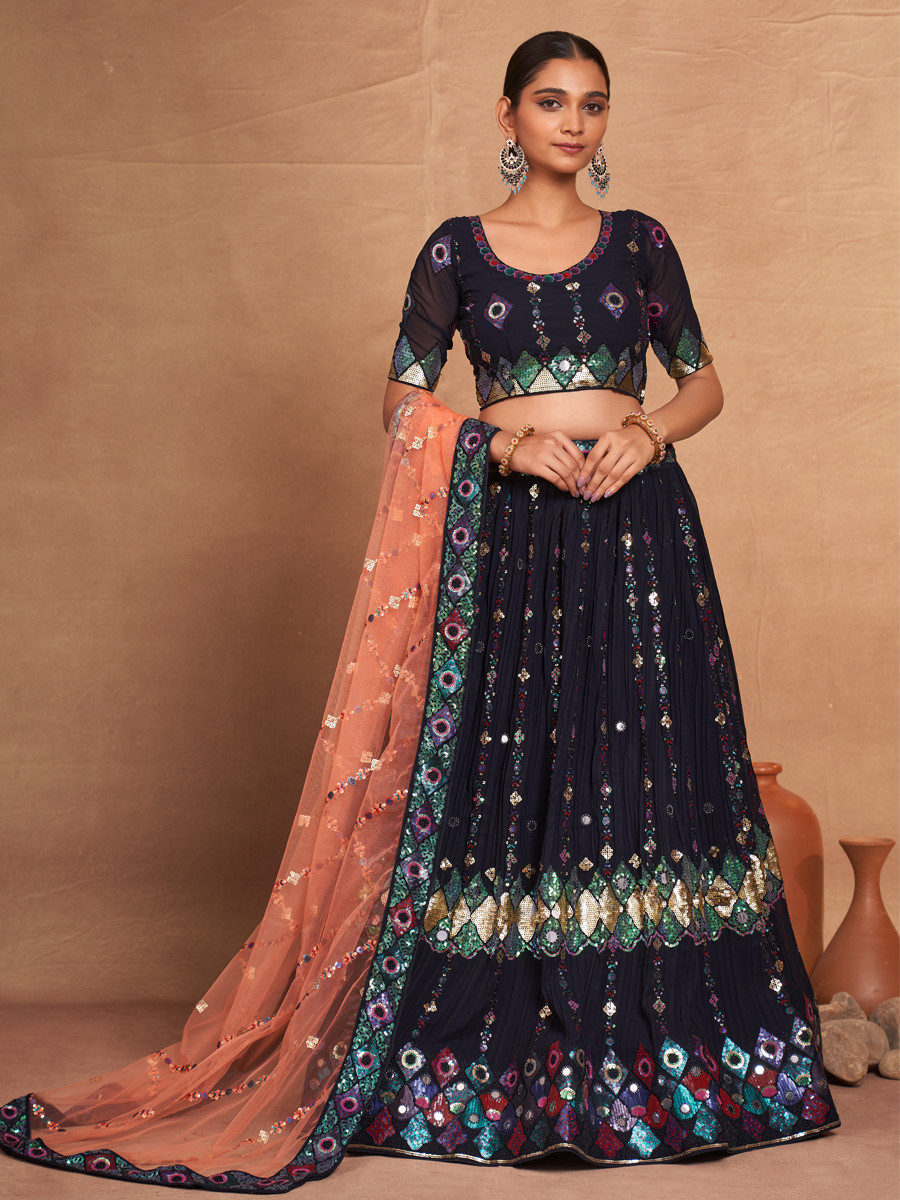 Navy Blue Heavy Georgette Embroidered Bridesmaid Wedding Circular Lehenga Choli