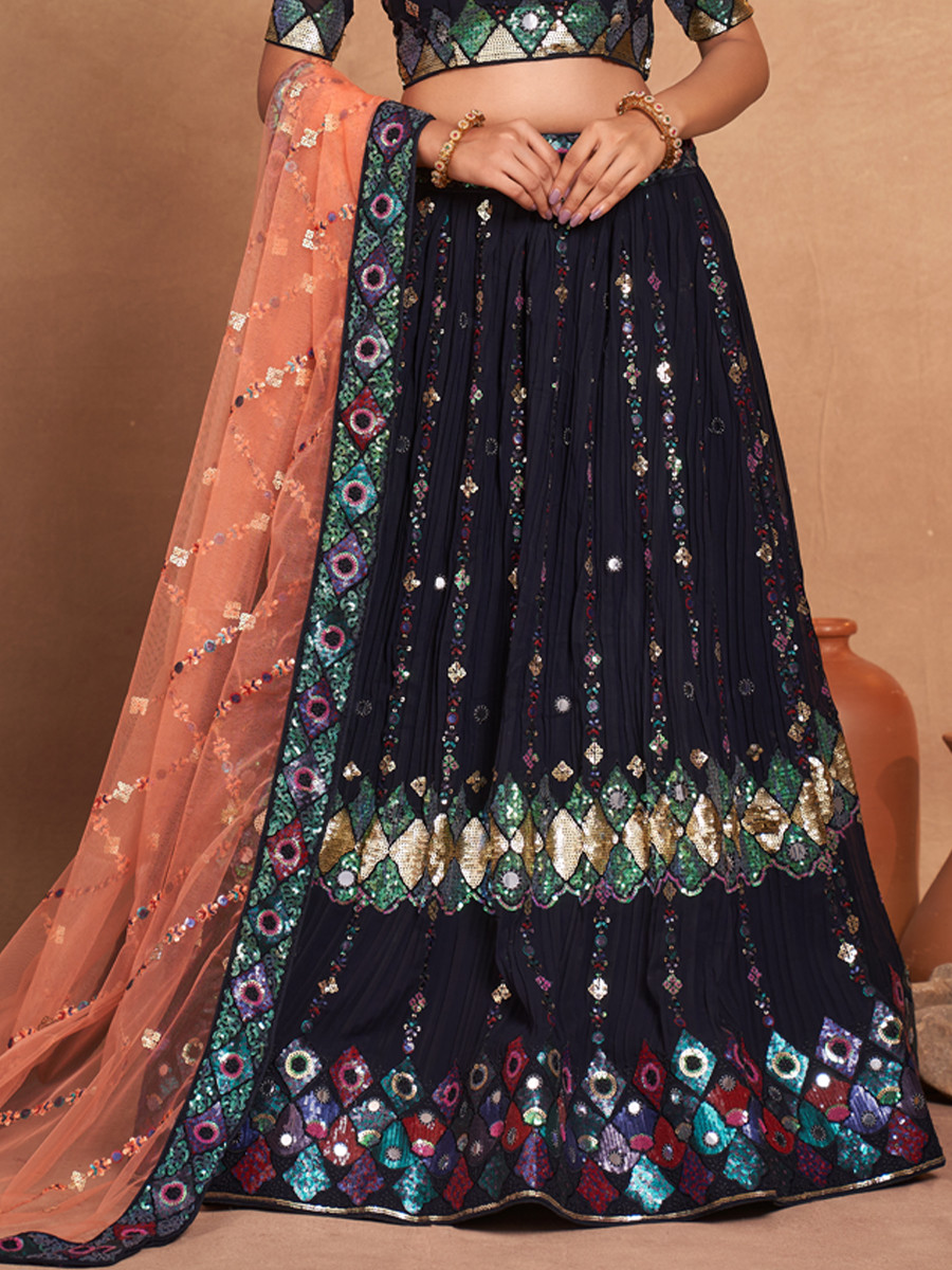 Navy Blue Heavy Georgette Embroidered Bridesmaid Wedding Circular Lehenga Choli