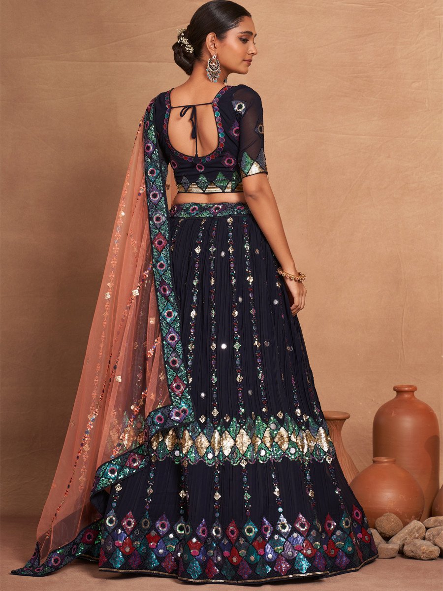 Navy Blue Heavy Georgette Embroidered Bridesmaid Wedding Circular Lehenga Choli