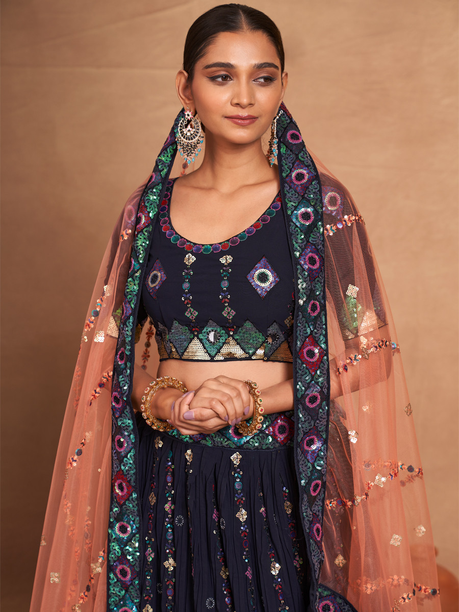 Navy Blue Heavy Georgette Embroidered Bridesmaid Wedding Circular Lehenga Choli