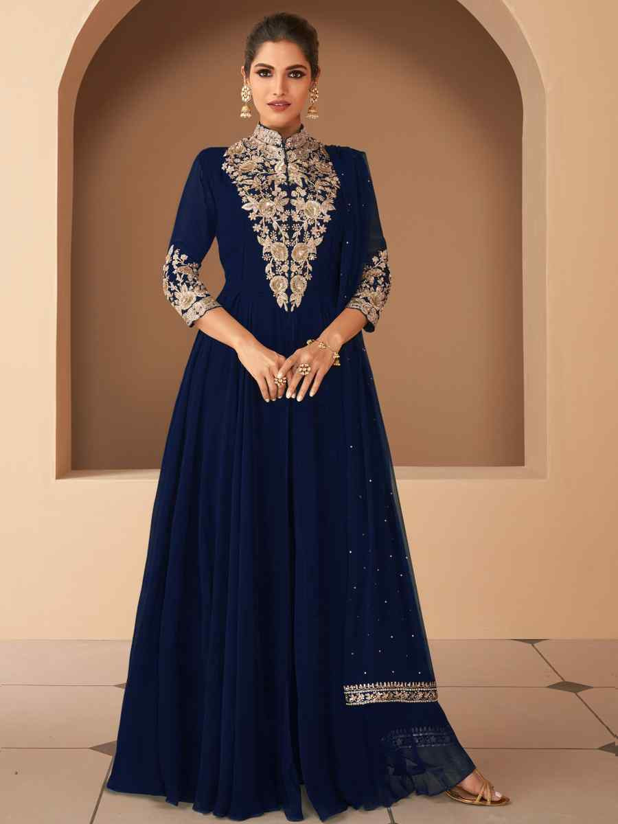 Navy Blue Heavy Georgette Embroidered Party Casual Ready Anarkali Salwar Kameez