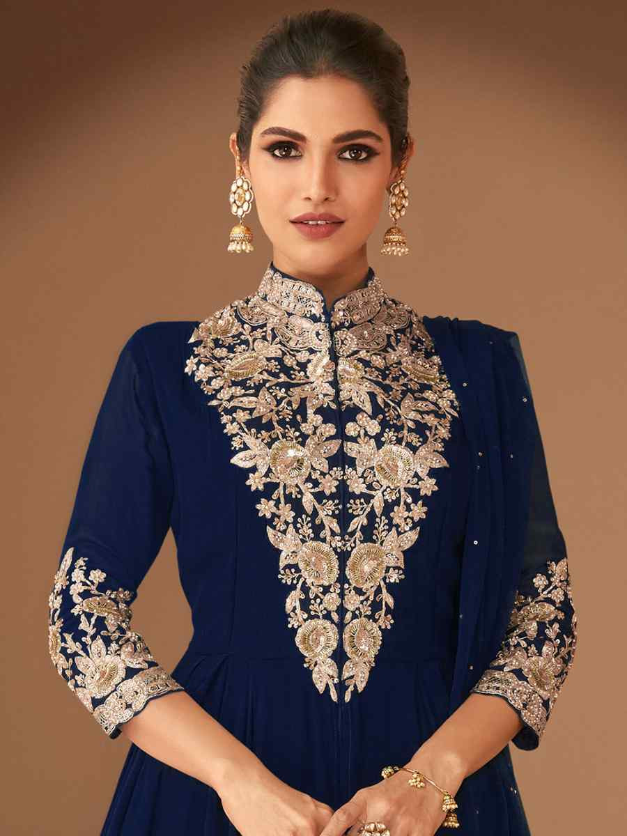 Navy Blue Heavy Georgette Embroidered Party Casual Ready Anarkali Salwar Kameez