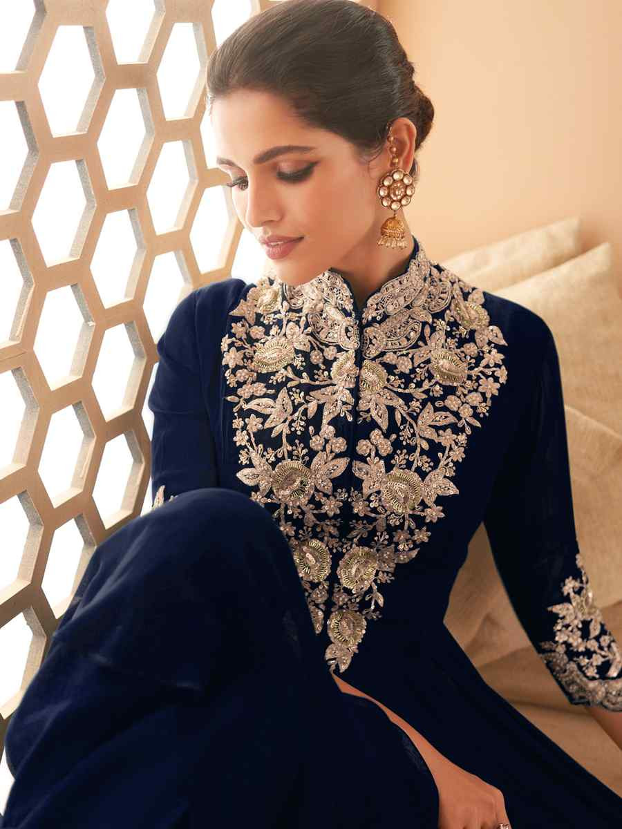 Navy Blue Heavy Georgette Embroidered Party Casual Ready Anarkali Salwar Kameez