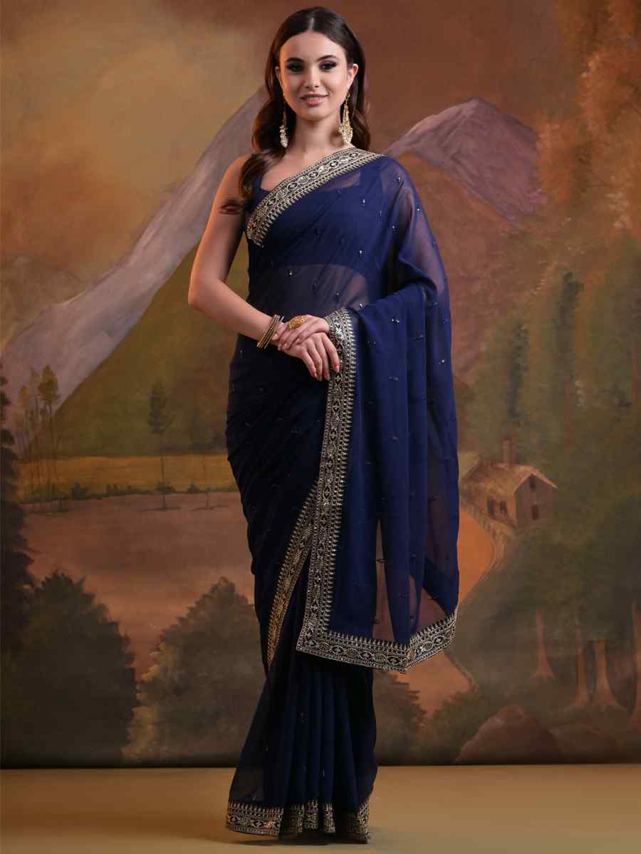 Navy Blue Heavy Georgette Handwoven Festival Wedding Classic Style Saree