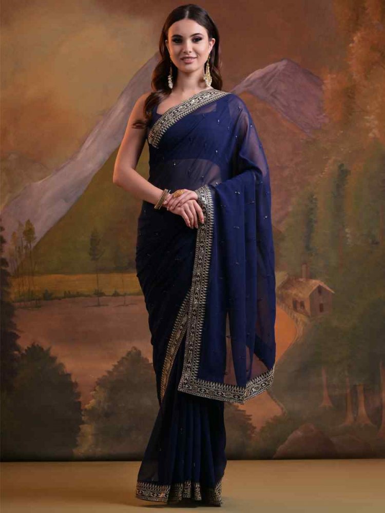 Navy Blue Heavy Georgette Handwoven Festival Wedding Classic Style Saree