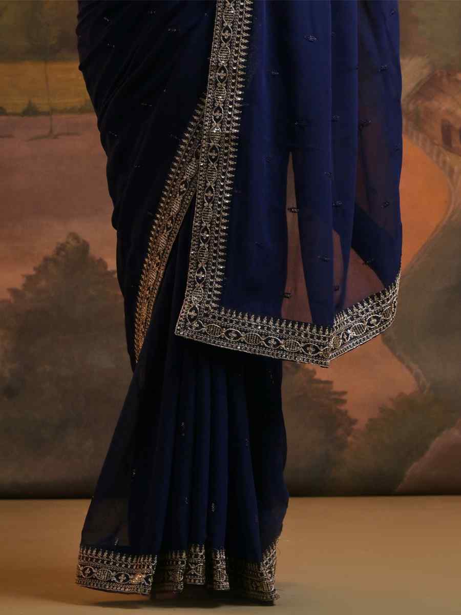 Navy Blue Heavy Georgette Handwoven Festival Wedding Classic Style Saree