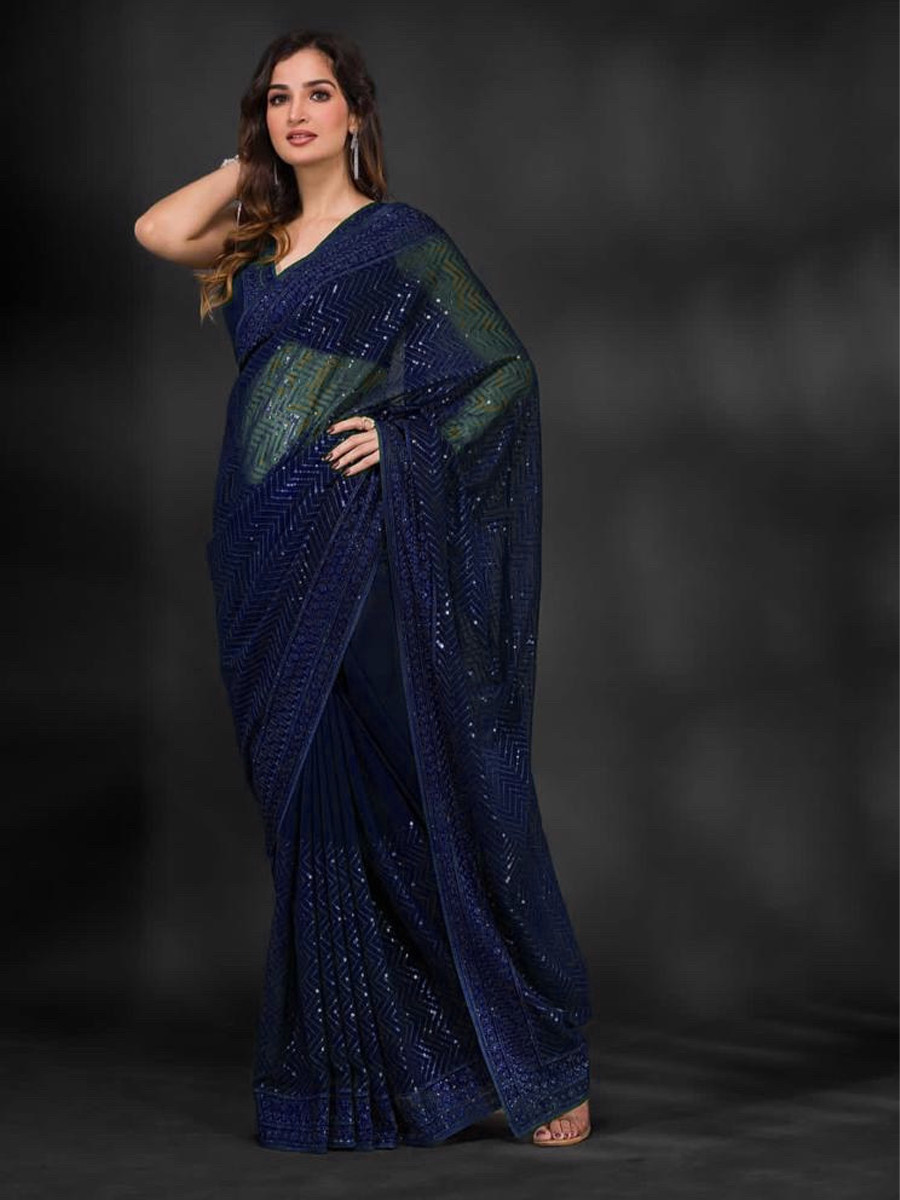 Navy Blue Heavy Georgette Sequins Cocktail Party Classic Style Saree