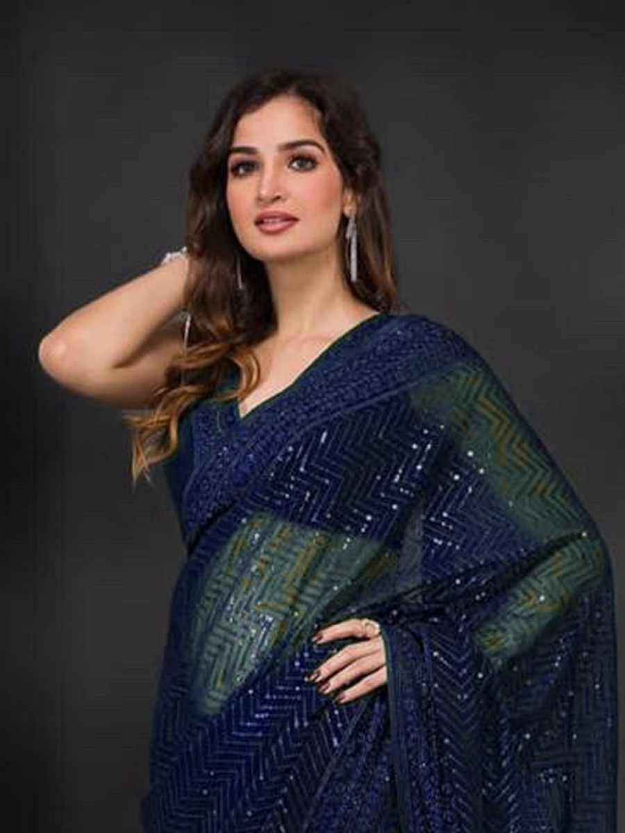 Navy Blue Heavy Georgette Sequins Cocktail Party Classic Style Saree