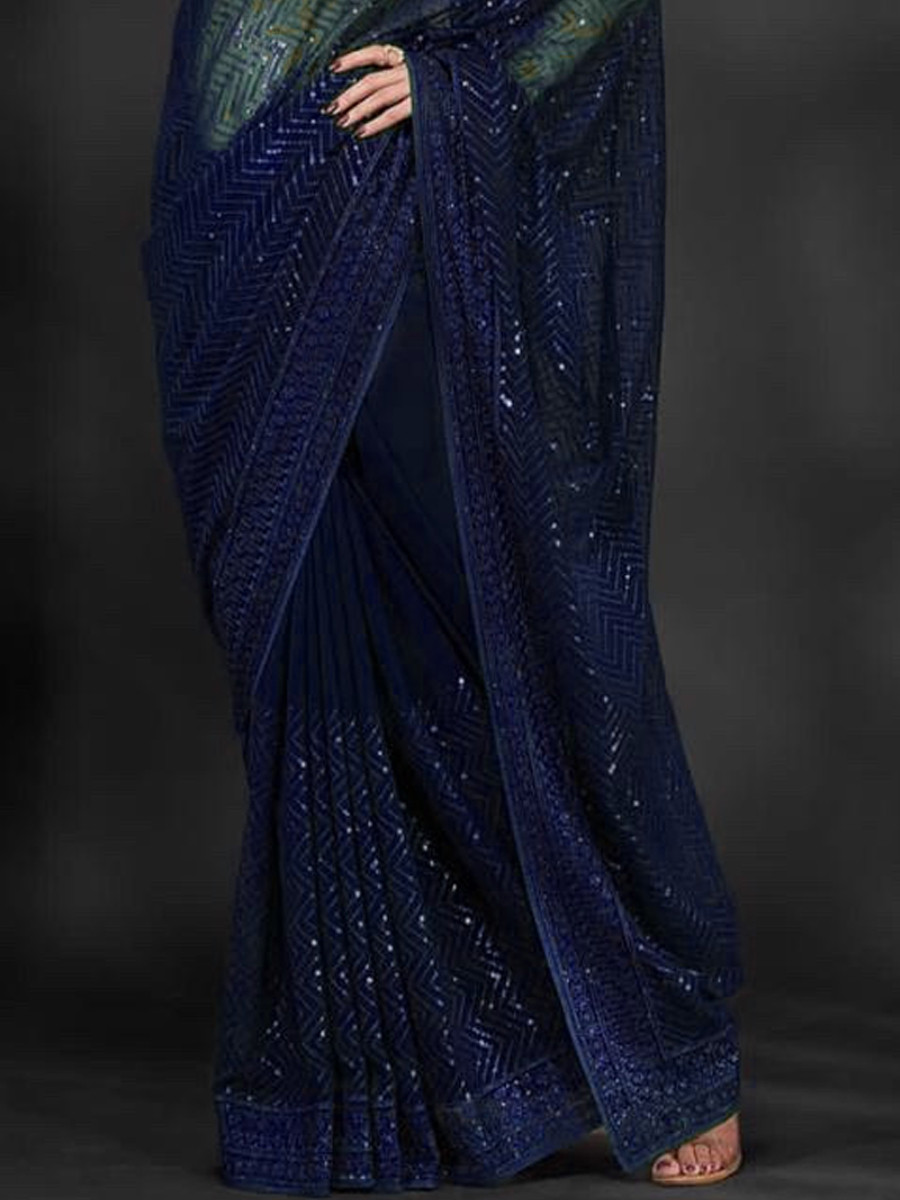 Navy Blue Heavy Georgette Sequins Cocktail Party Classic Style Saree