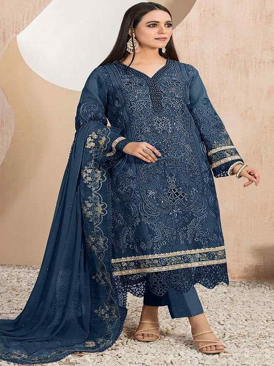 Navy Blue Heavy Organza Embroidered Festival Casual Pant Salwar Kameez