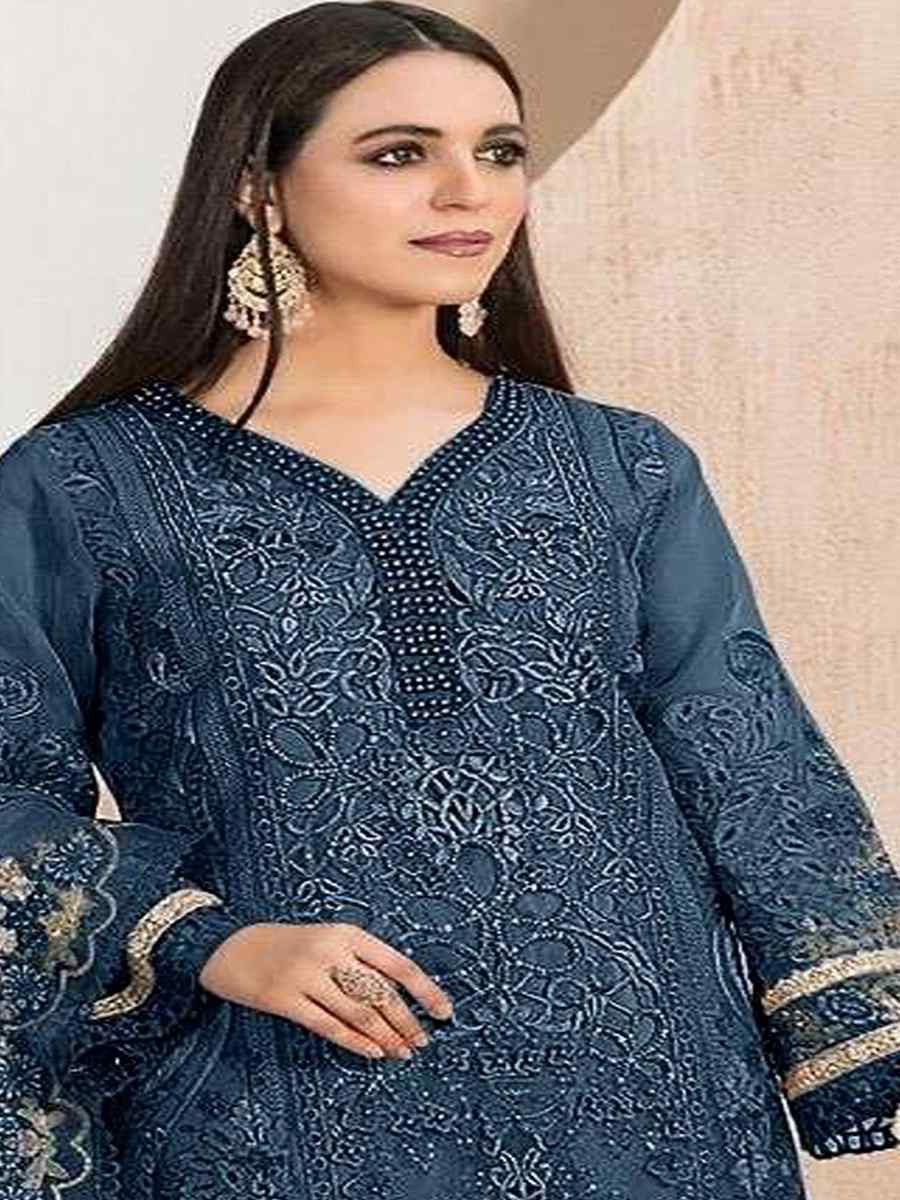 Navy Blue Heavy Organza Embroidered Festival Casual Pant Salwar Kameez