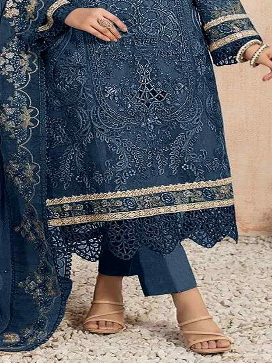 Navy Blue Heavy Organza Embroidered Festival Casual Pant Salwar Kameez