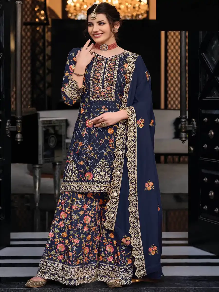 Navy Blue Heavy Premium Silk Embroidered Festival Wedding Palazzo Pant Salwar Kameez