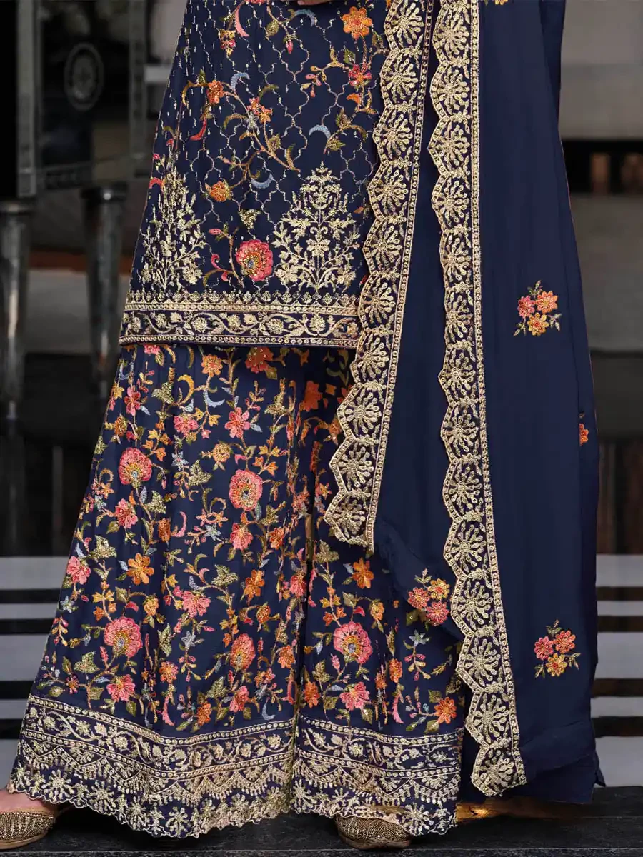 Navy Blue Heavy Premium Silk Embroidered Festival Wedding Palazzo Pant Salwar Kameez