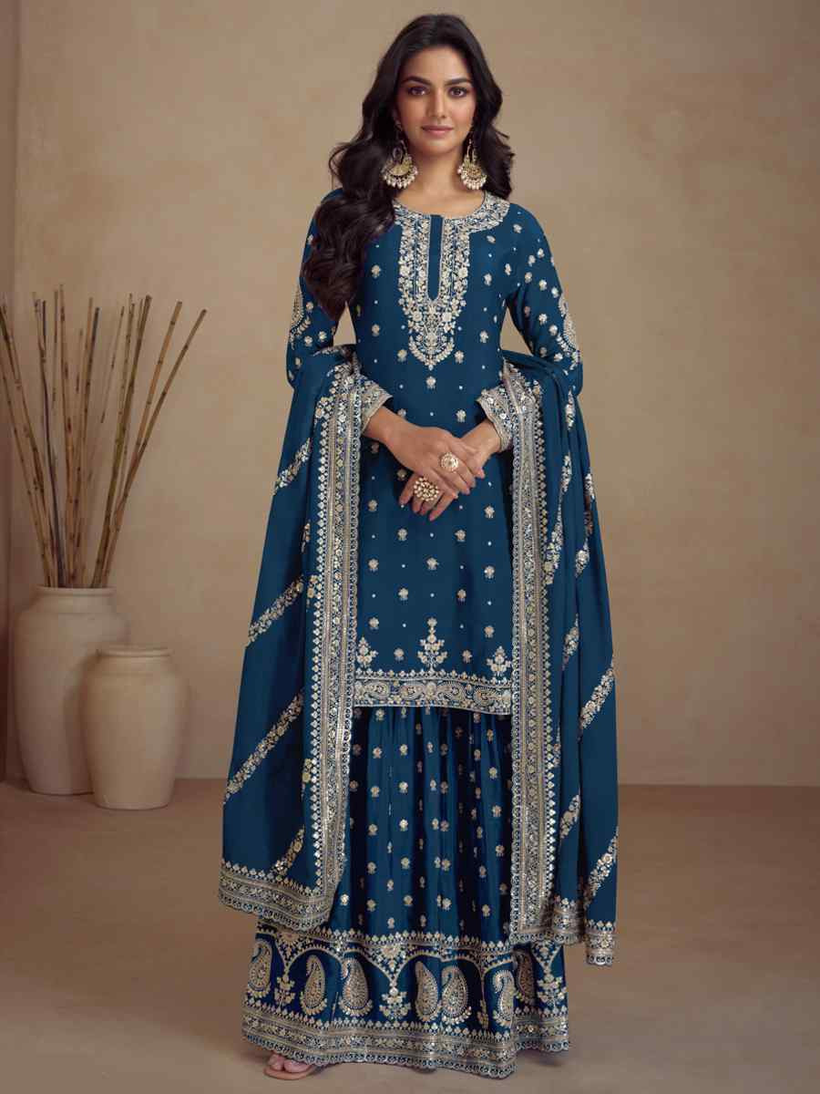 Navy Blue Heavy Silk Embroidered Festival Wedding Palazzo Pant Salwar Kameez