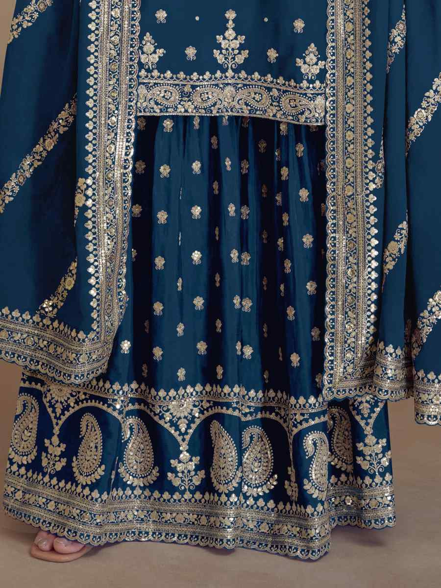 Navy Blue Heavy Silk Embroidered Festival Wedding Palazzo Pant Salwar Kameez