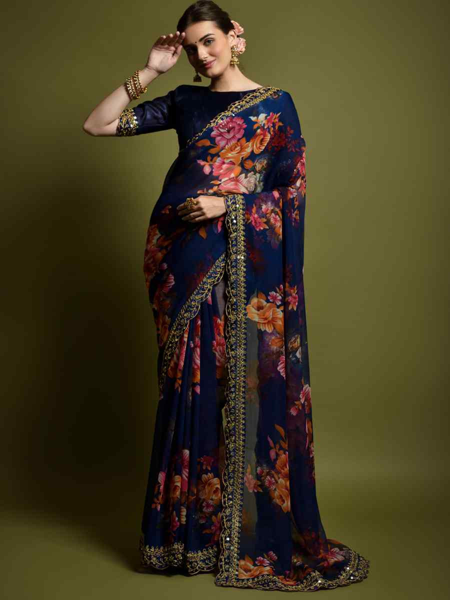 Navy Blue Heavy Soft Chiffon Handwoven Festival Wedding Heavy Border Saree