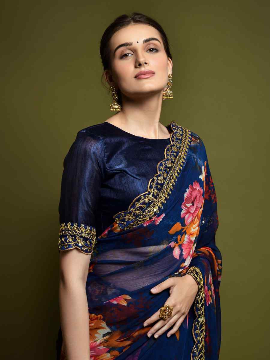 Navy Blue Heavy Soft Chiffon Handwoven Festival Wedding Heavy Border Saree