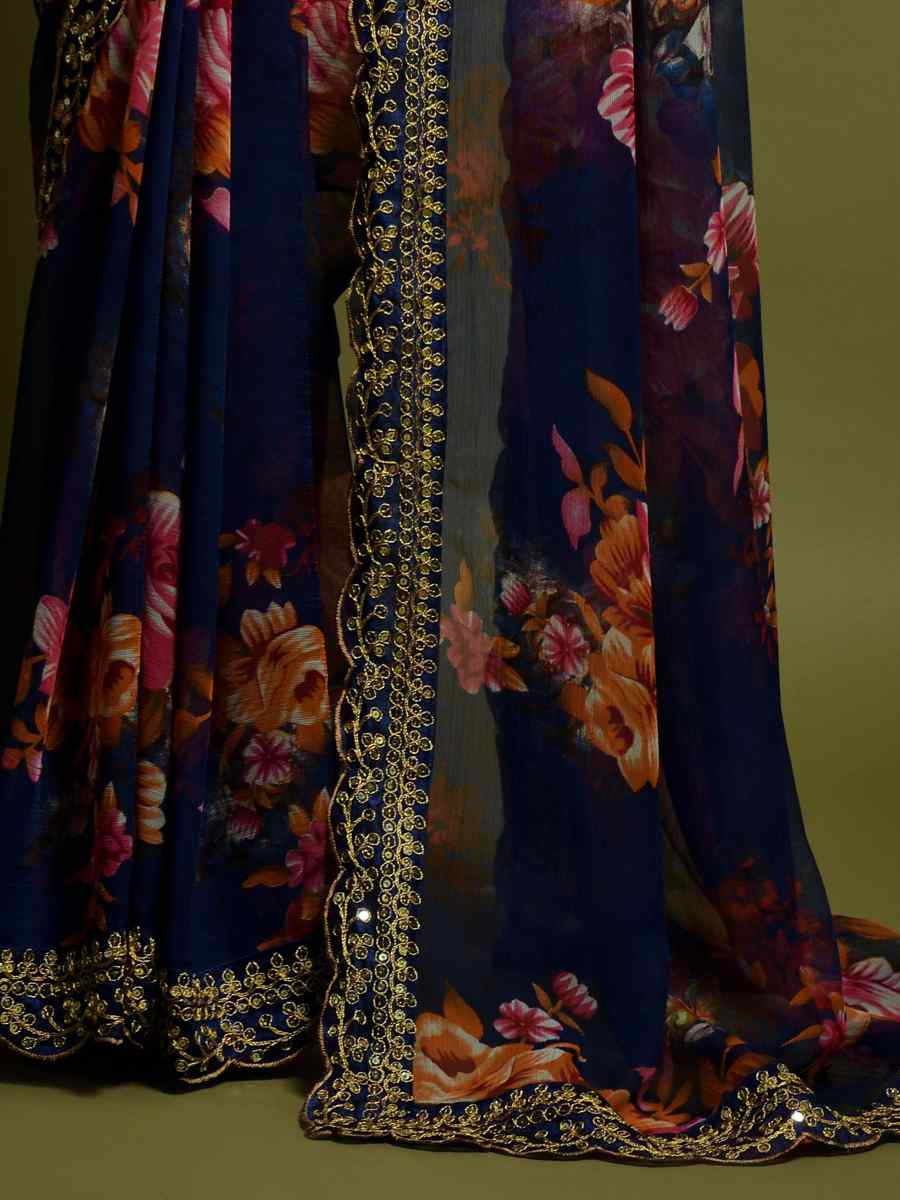 Navy Blue Heavy Soft Chiffon Handwoven Festival Wedding Heavy Border Saree