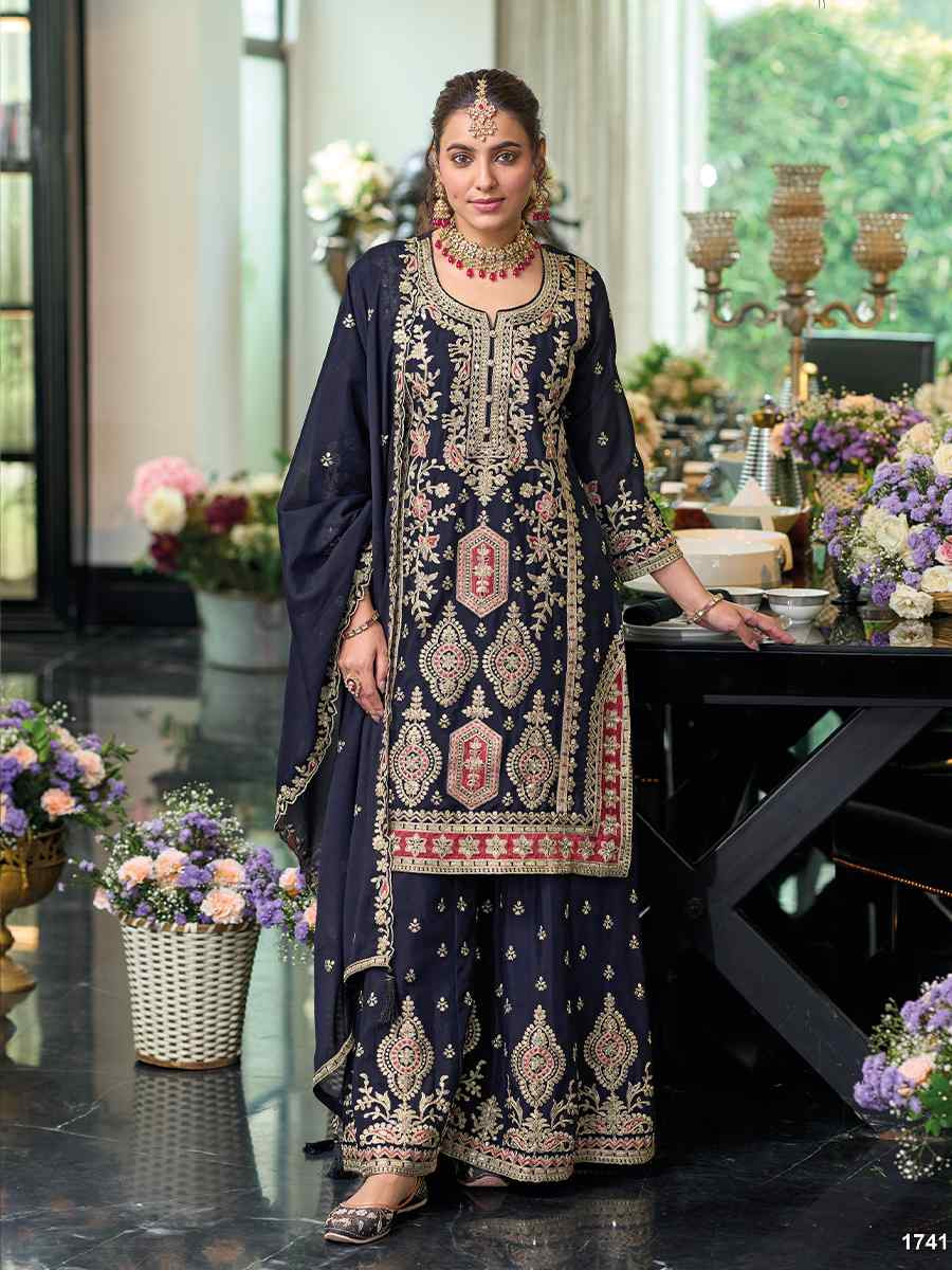 Navy Blue Hevy Chinon Embroidered Festival Wedding Ready Palazzo Pant Salwar Kameez