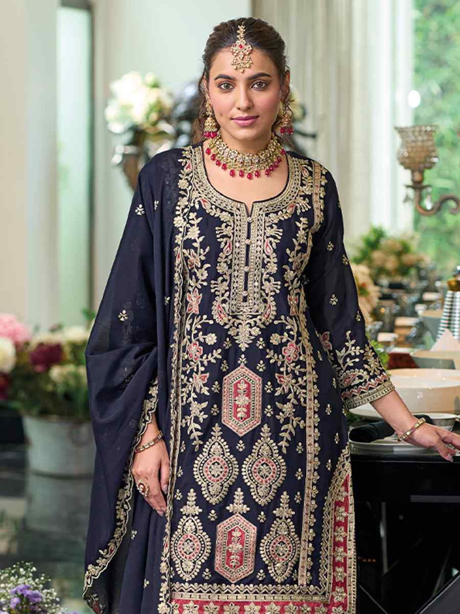 Navy Blue Hevy Chinon Embroidered Festival Wedding Ready Palazzo Pant Salwar Kameez