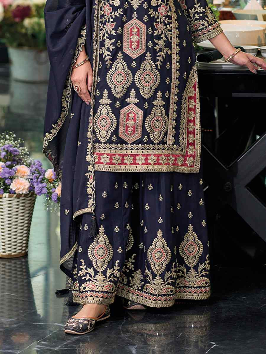 Navy Blue Hevy Chinon Embroidered Festival Wedding Ready Palazzo Pant Salwar Kameez