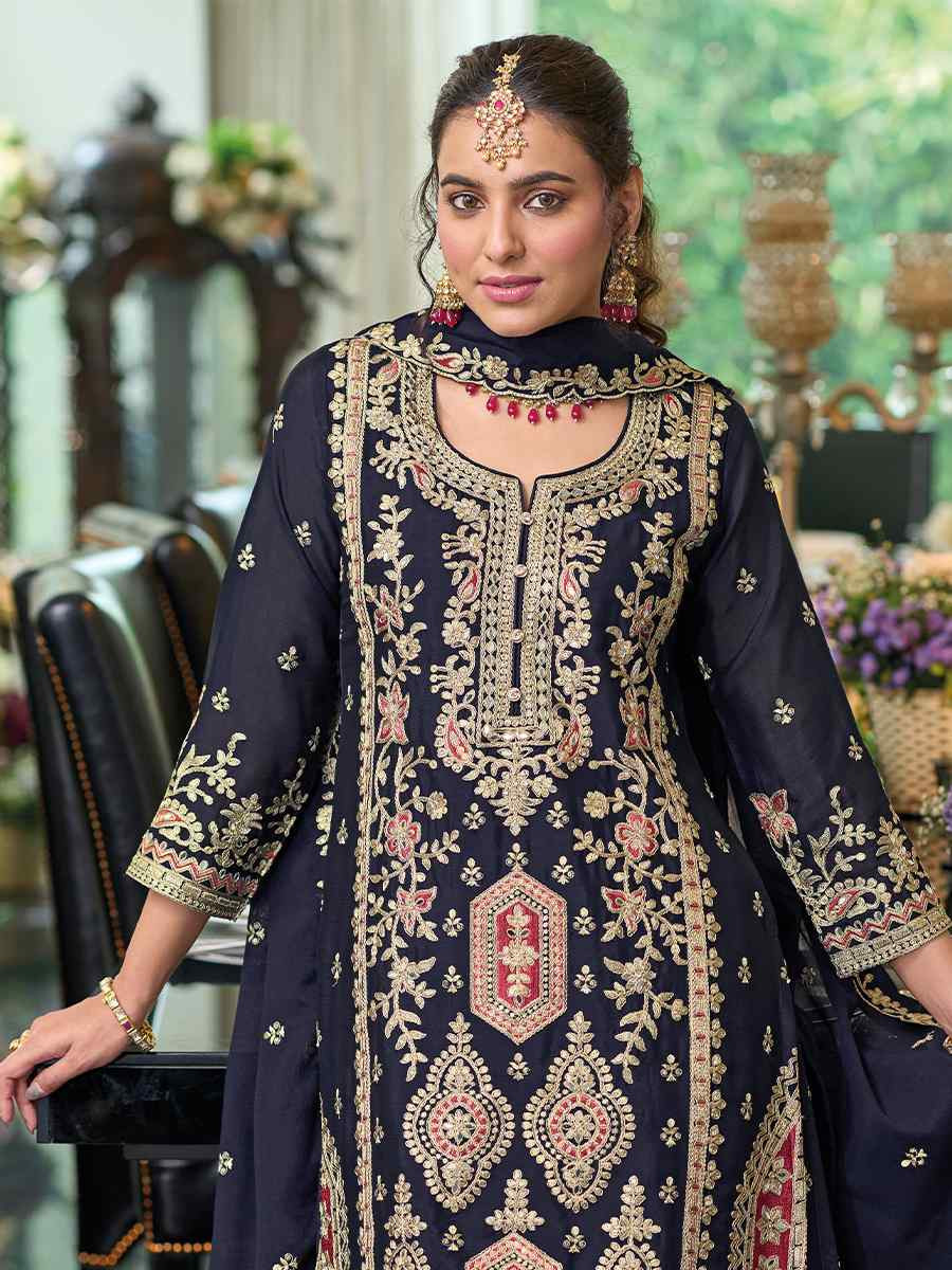 Navy Blue Hevy Chinon Embroidered Festival Wedding Ready Palazzo Pant Salwar Kameez