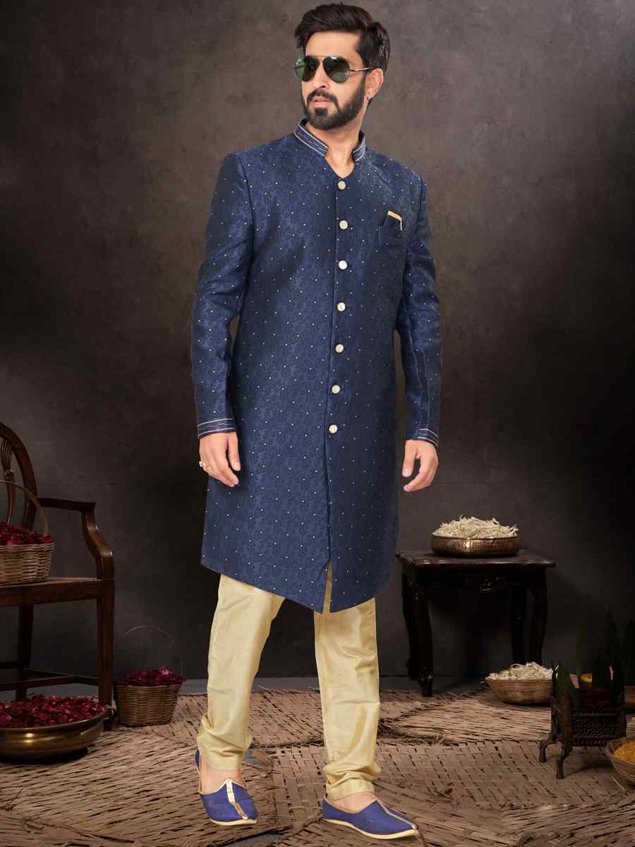 Navy Blue Jacquard Embroidered Festival Wedding Kurta