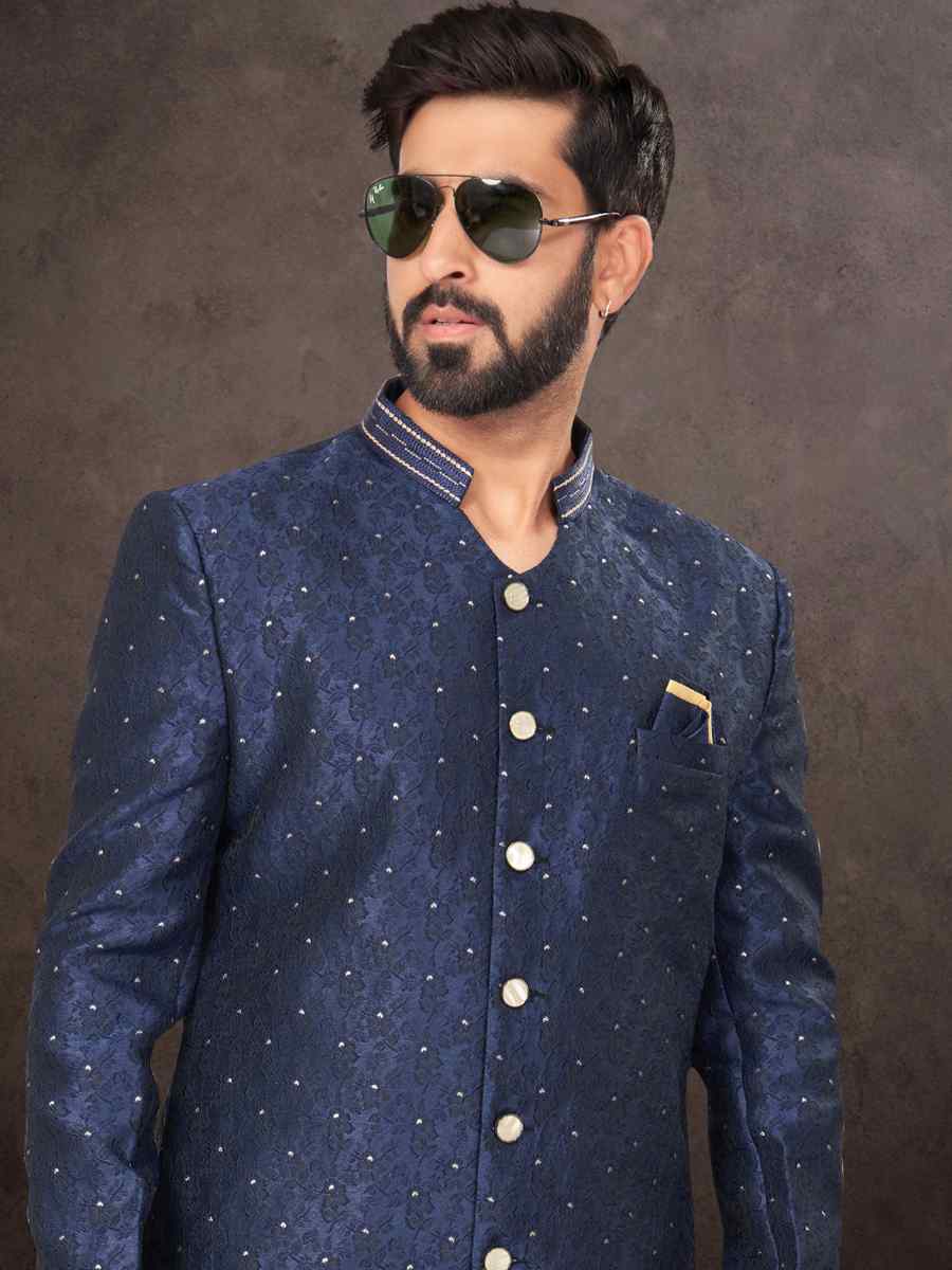 Navy Blue Jacquard Embroidered Festival Wedding Kurta