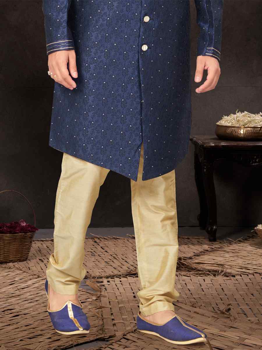 Navy Blue Jacquard Embroidered Festival Wedding Kurta