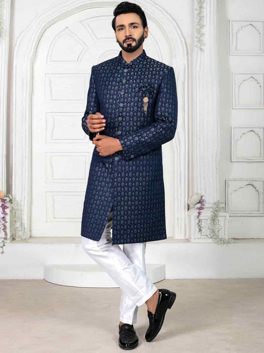 Navy Blue Jacquard Embroidered Wedding Groom Sherwani