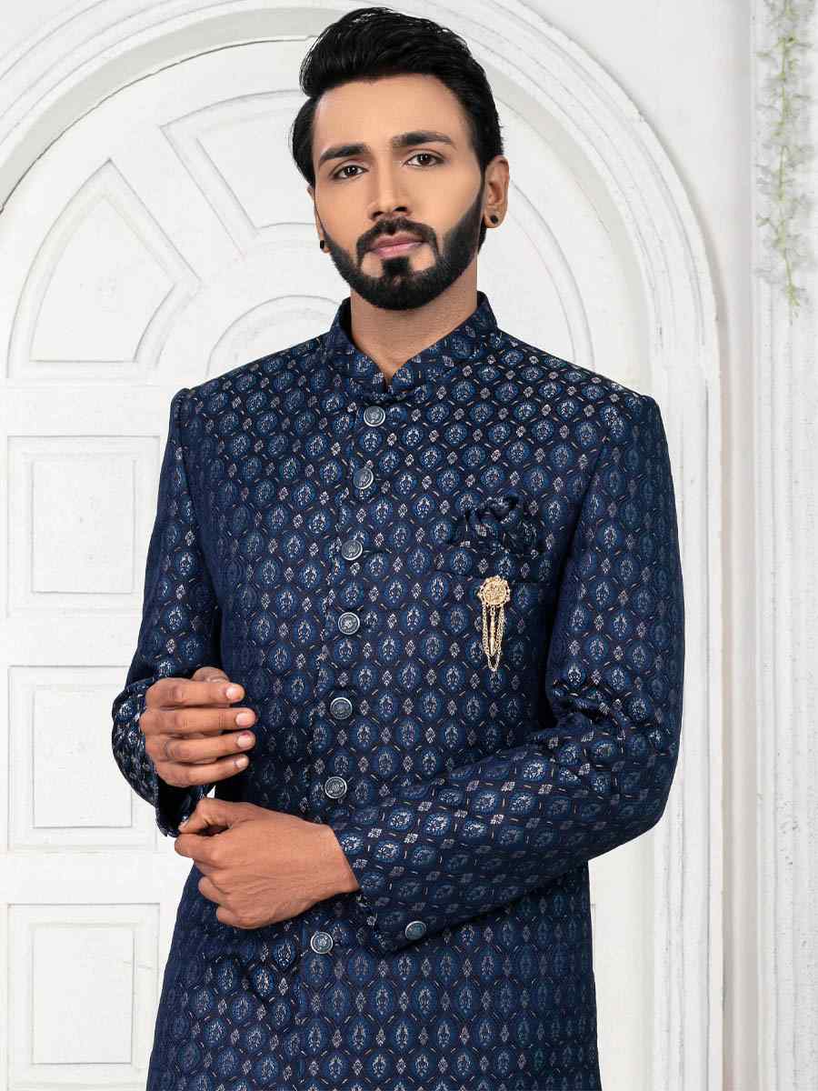 Navy Blue Jacquard Embroidered Wedding Groom Sherwani