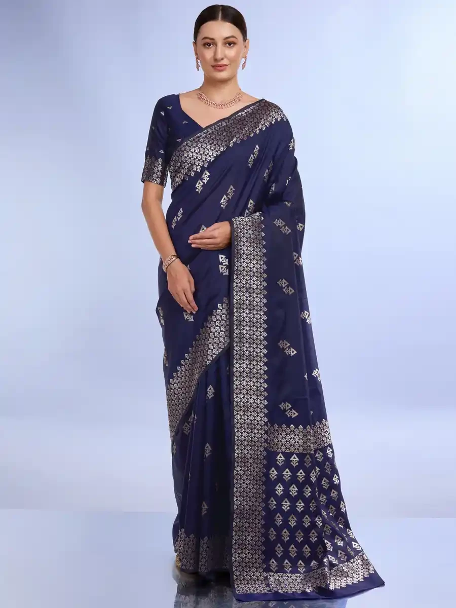 Navy Blue Litchi Kota Silk Handwoven Festival Wedding Heavy Border Saree