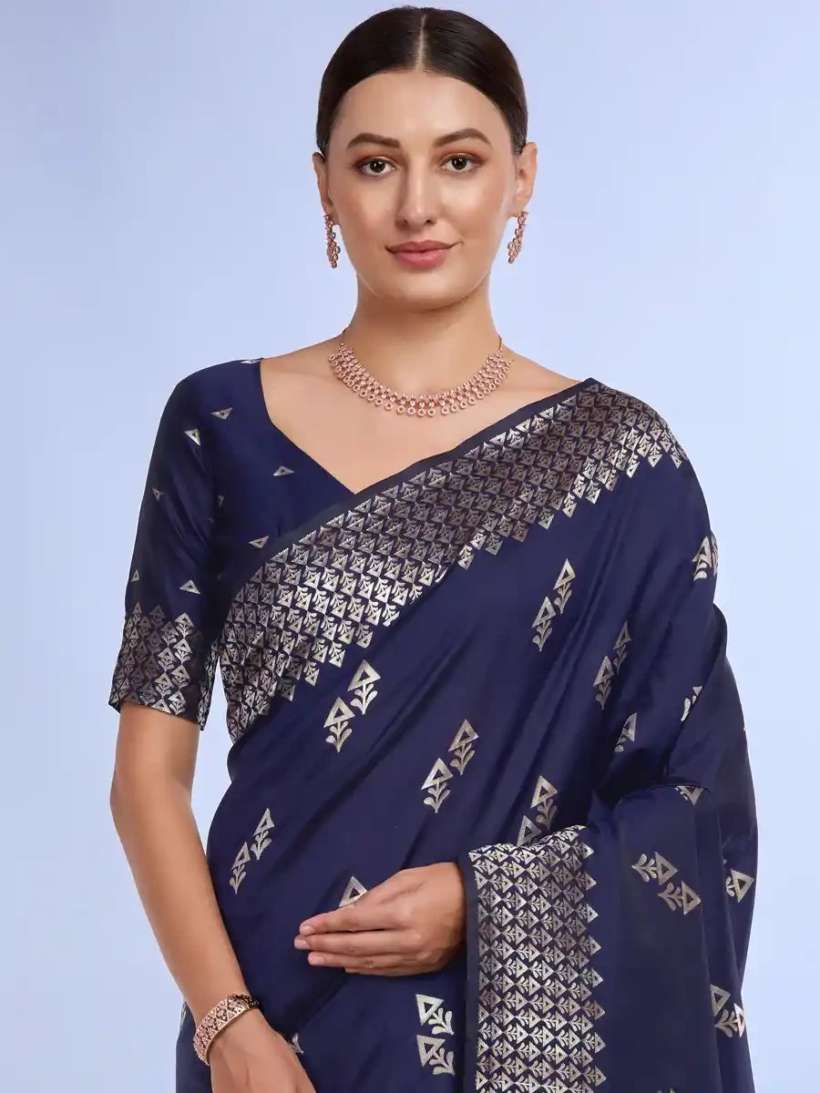 Navy Blue Litchi Kota Silk Handwoven Festival Wedding Heavy Border Saree