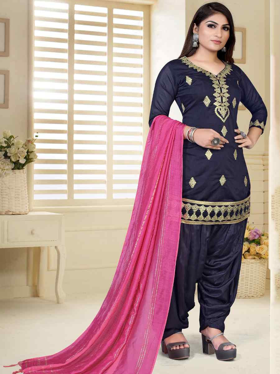 Navy Blue Model Chanderi Embroidered Festival Wedding Patiala Salwar Kameez