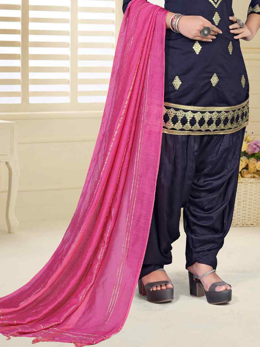 Navy Blue Model Chanderi Embroidered Festival Wedding Patiala Salwar Kameez