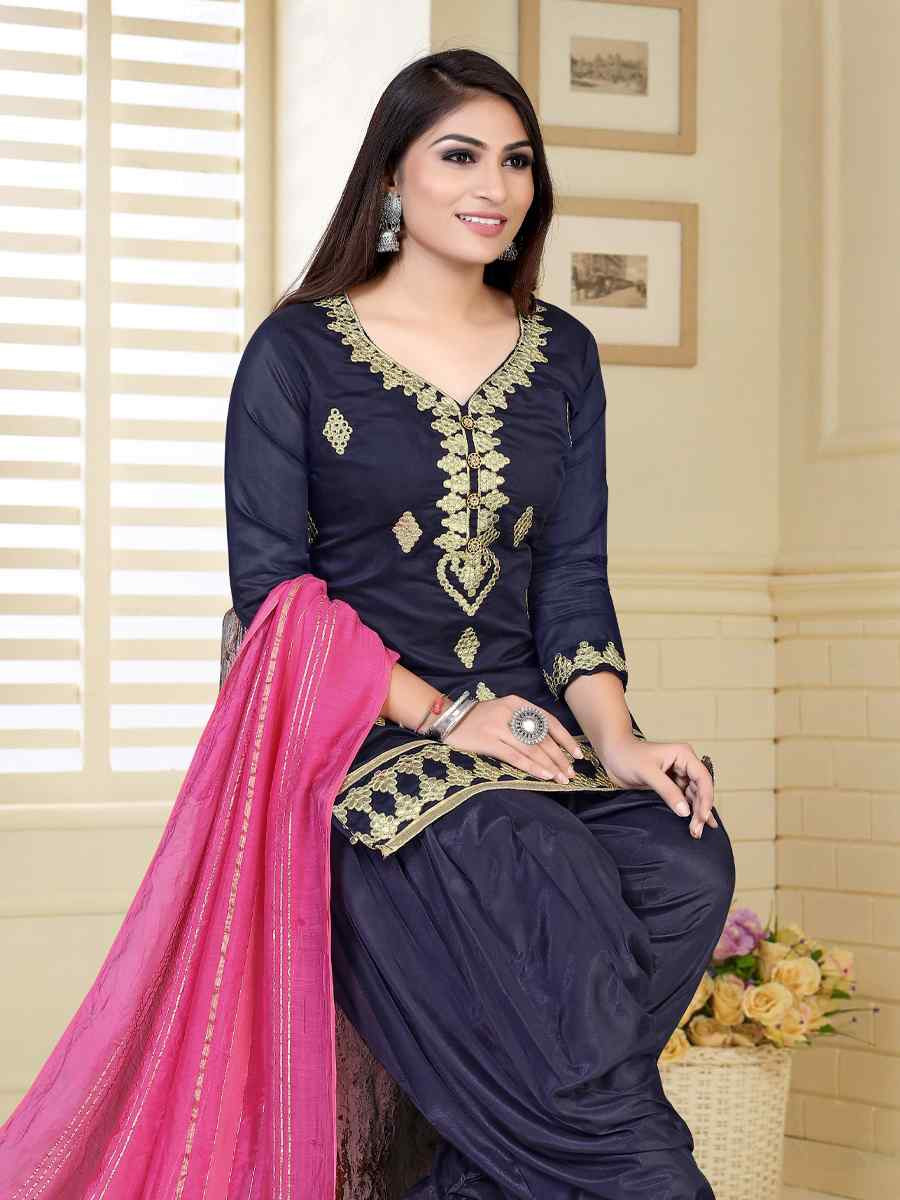 Navy Blue Model Chanderi Embroidered Festival Wedding Patiala Salwar Kameez