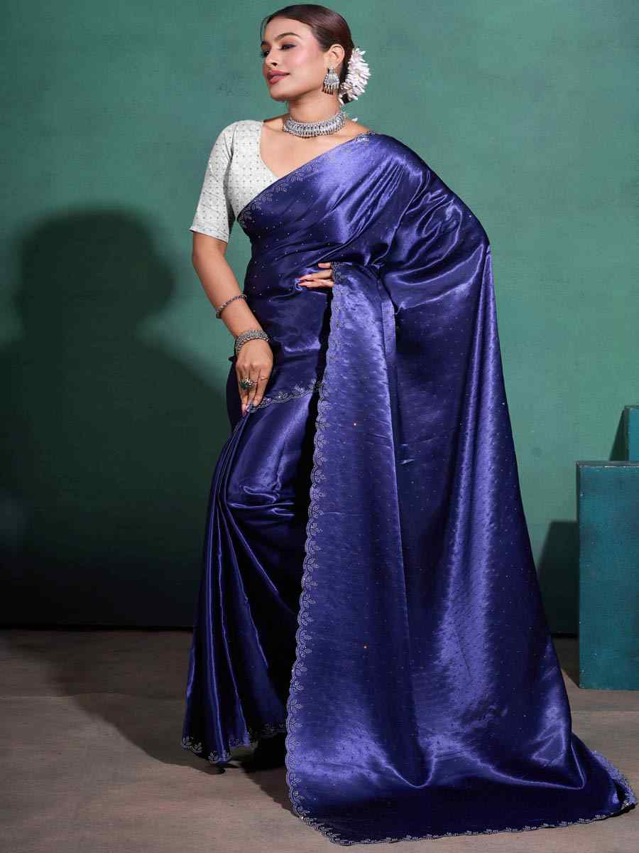 Navy Blue Moss Satin Embroidered Festival Party Heavy Border Saree