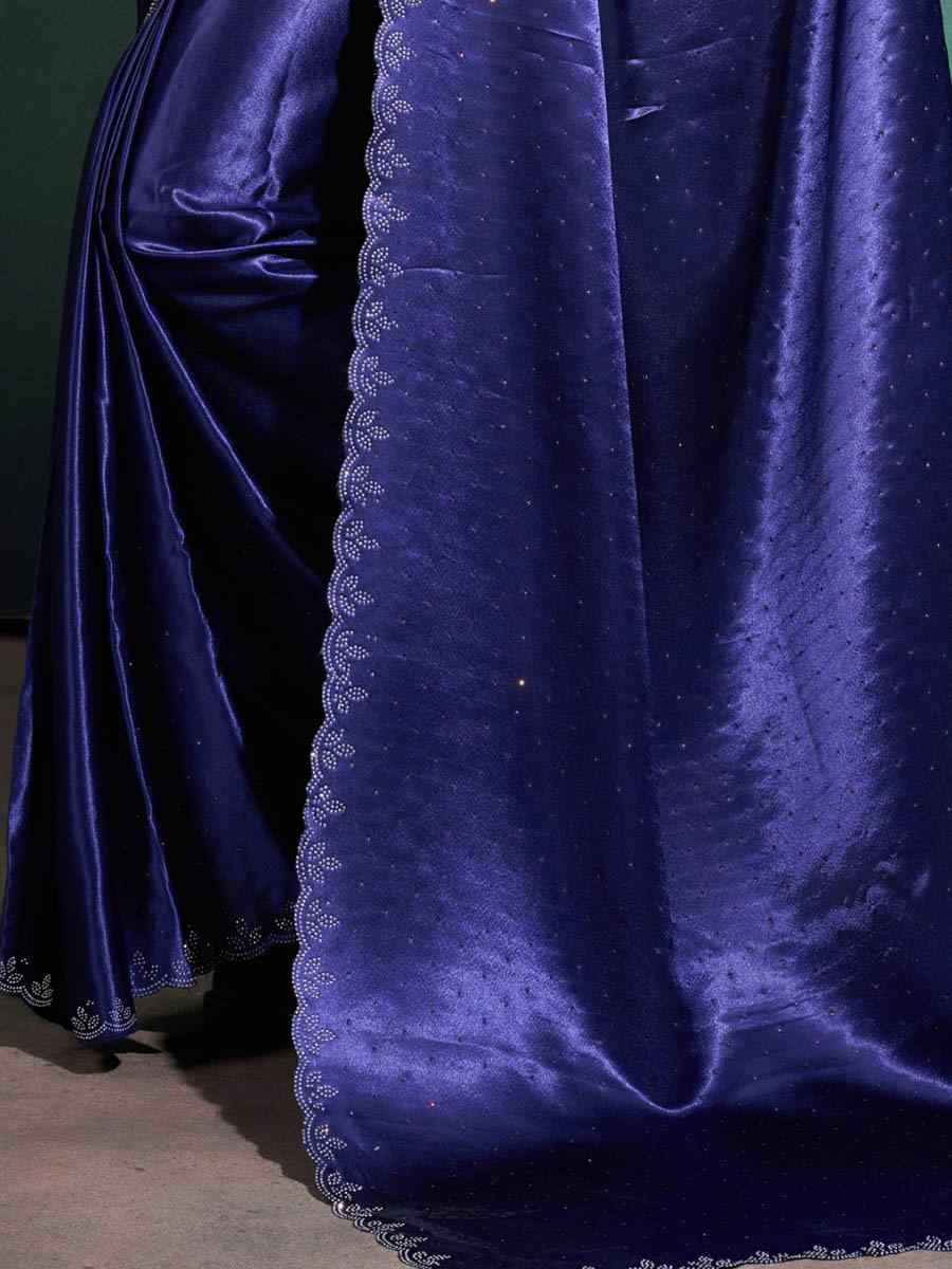 Navy Blue Moss Satin Embroidered Festival Party Heavy Border Saree