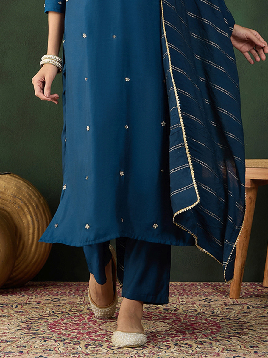 Navy Blue Musline Embroidered Festival Casual Ready Pant Salwar Kameez